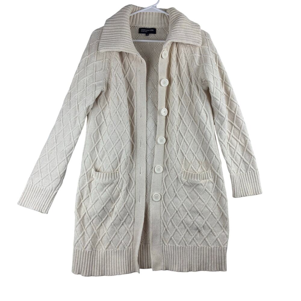 Vintage Jones New York Duster Cardigan Women's Small Ivory Cable Knit Mock READ